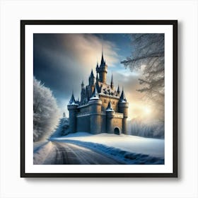 Castle in the snow with glowing lights in the sky Art Print