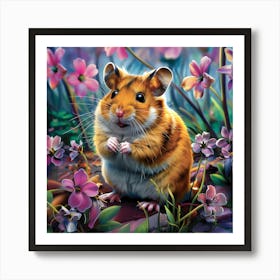 Hamster Among Pink Flowers Art Print