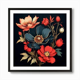 Flowers On Black Background 1 Art Print