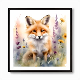 A Watercolor Artwork Showcasing A Cute Fox Kit Frolicking In A Sunlit Meadow Filled With Watercolor Wildflowers Art Print