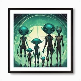 Alien Family Painted To Mimic Humans, In The Style Of Art Elements, Folk Art Inspired Illustrations Art Print