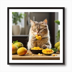 A Cat Eating Delicious Mango Art Print