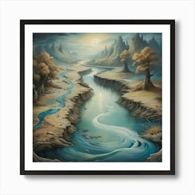 A surrealistic painting of a river, with dreamlike imagery and unexpected elements, inviting the viewer to explore their imagination. 1 Art Print