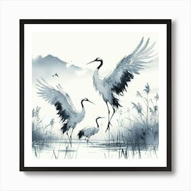 Dance of cranes, water colour Art Print