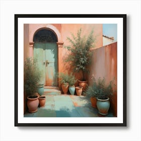 Abstract Oil Paindting Featuring An Italian Courtyard Garden Pots Of Terracotta And Olive Green Art Print