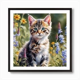 Tabby Kitten Digital Watercolor Portrait Art Print