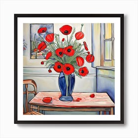 Poppies In A Blue Vase Art Print
