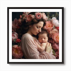 Mother And Baby In Flowers Art Print