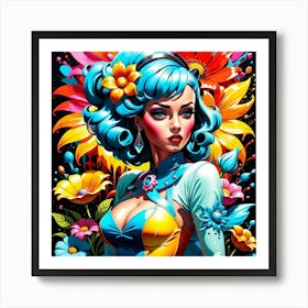 Blue Haired Girl With Flowers Art Print