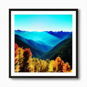 Fall trees in the lit mountains  Art Print