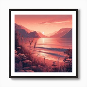 Evening Rosegold Beach at sunset amidst the mountains in an art print 6 Art Print