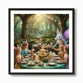 Create A Whimsical Tea Party Attended By Mythical Creatures Like Fairies Dragons And Unicorns In An Art Print