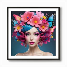 Beautiful Woman With Colorful Hair And Butterflies Art Print