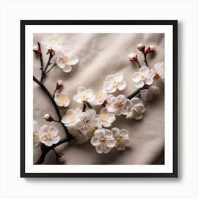 Firefly Plum Blossoms Scattered Across A Soft Linen Textured Canvas, With Simple Branches In Matte B (3) Art Print