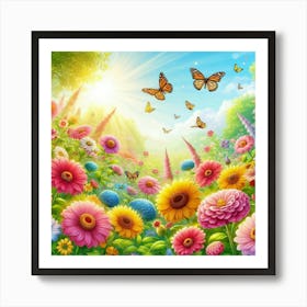 Colorful Flowers And Butterflies Art Print