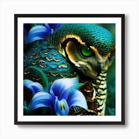 Owl With Blue Flowers 9 Art Print