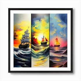 hree different vertical panels, ocean sea ⛵ ships 1 Art Print