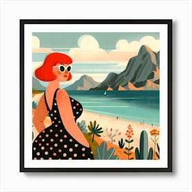 Polka Dot Woman On The Beach Art Print