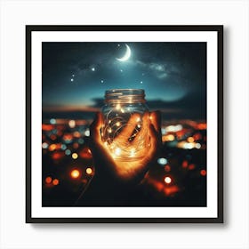 Hand Holding A Glass Jar With Lights Art Print