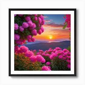 Pink Flowers Sunset Read Shade Flowers Blue Sky Beautiful Location Sunset View Wall 1 Art Print