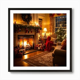 A Cozy Winter Evening By A Roaring Fireplace An Ornately Decorated Christmas Tree Situated In The C (4) Art Print