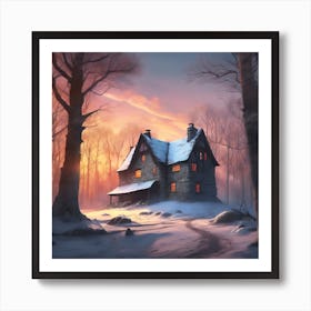 Secluded Stone House In a Winter Landscape Art Print