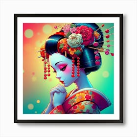 Praying Comic Geisha In Bright Color Illustration Art Print