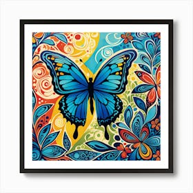 Block Print Butterfly Abstract in Blue II Art Print