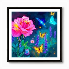 Roses And Butterflies 10 Art Print