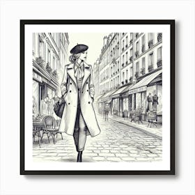 Woman In A Trench Coat Walking Down The Street Art Print