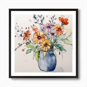 Watercolor Flowers In A Mason Jar Art Print