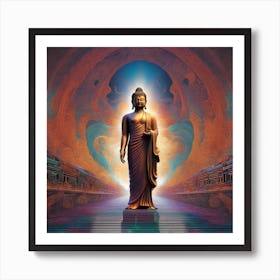 Lord Buddha Is Walking Down A Long Path, In The Style Of Bold And Colorful Graphic Design, David , R (3) Art Print