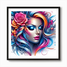 Girl With Colorful Hair And Flowers Art Print