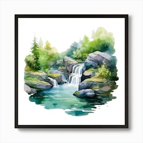 Watercolor Waterfall In The Forest Art Print