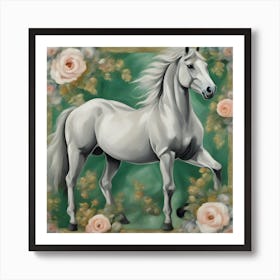 White Horse With Roses 1 Art Print