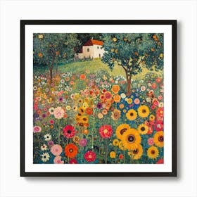 Blooming Landscape with House. Gustav Klimt Style Art Print