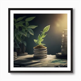 Plant Growing On Stack Of Coins, financial growth Art Print