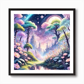 A Fantasy Forest With Twinkling Stars In Pastel Tone Square Composition 307 Art Print