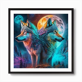 Two Wolves In Front Of The Moon 2 Art Print