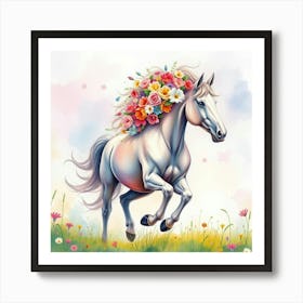 A Mystical Horse With A Mane Of Colorful Flowers Galloping In A Dreamy Watercolor Field Art Print