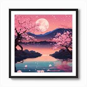 Japanese Sakura In Lake Art Print