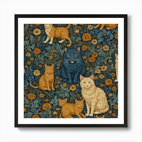 William Morris Inspired Classic Cats Blue And Gold Art Art Print