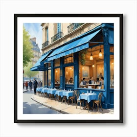 Paris France Cafe Scene Illustration Sage Blue Watercolor Art Print Art Print