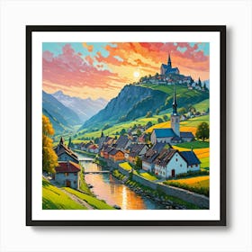 Swiss Village At Sunset With Rolling Hills Art Print