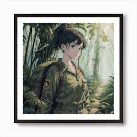 Jungle Expedition: A Green Ponytailed Girl In A Camouflage Jumpsuit Ventures Into The Heart Of The Rainforest Art Print