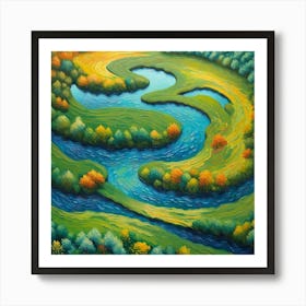 Lush Greenery by the River: View from the sky of a Vibrant Landscape Oil Painting wall art, masterpiece. Art Print