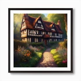 Black and White Elizabethan Manor House in Summer Art Print