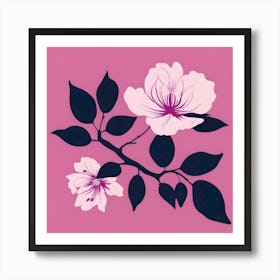 Dark Blue Branch With White Flower And Fuchsia On Pink Background Art Print