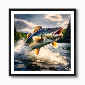 Muskie Fish Jumping Out Of The Water Art Print