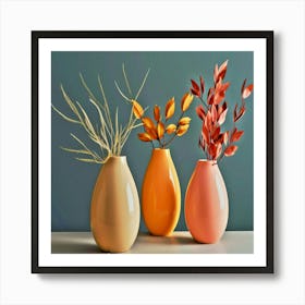 three vases with different colored flowers in them on a table, Three Vases Art Print